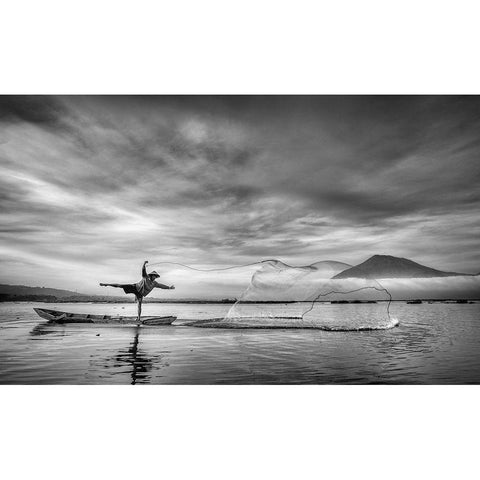 Man Behind The Nets Black Modern Wood Framed Art Print with Double Matting by Siswandhono, Arief