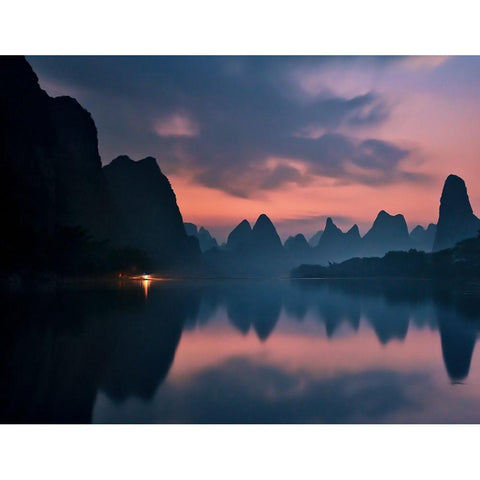 The Dawn Of Li River White Modern Wood Framed Art Print by Zhang, Yan