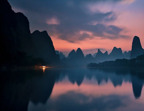 The Dawn Of Li River White Modern Wood Framed Art Print with Double Matting by Zhang, Yan