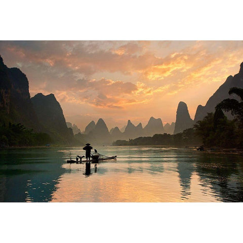 Golden Li River Black Modern Wood Framed Art Print with Double Matting by Zhang, Yan