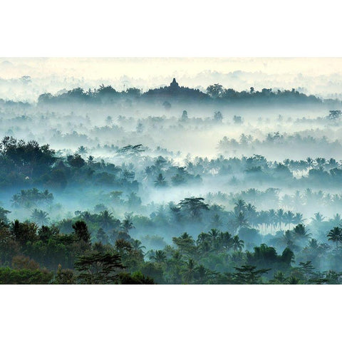 Misty Borobudur Gold Ornate Wood Framed Art Print with Double Matting by Ramdani