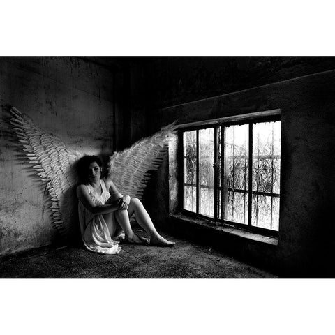 Angel Black Modern Wood Framed Art Print with Double Matting by Onerart