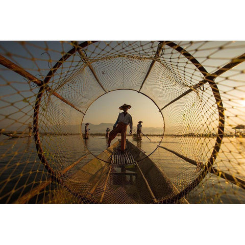 Inle Fisherman Gold Ornate Wood Framed Art Print with Double Matting by Song, Gunarto