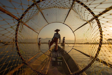 Inle Fisherman Black Ornate Wood Framed Art Print with Double Matting by Song, Gunarto