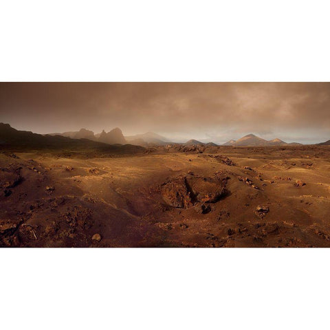 Volcanic Landscape In The Morning Fog Black Modern Wood Framed Art Print by Schumacher, Nicolas