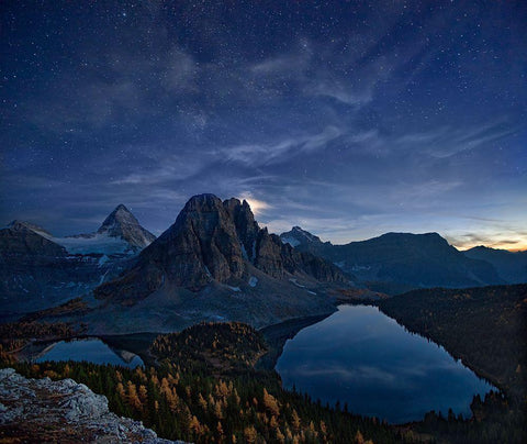 Starry Night At Mount Assiniboine White Modern Wood Framed Art Print with Double Matting by Zhang, Yan