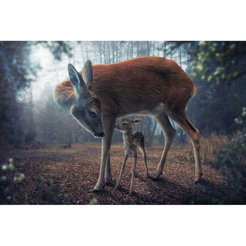 Mother And Fawn White Modern Wood Framed Art Print by Wilhelm, John