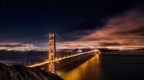 Golden Gate To Stars White Modern Wood Framed Art Print with Double Matting by De La, Javier