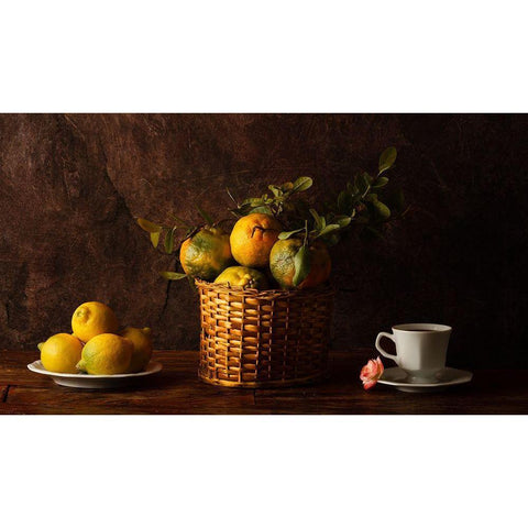 Still Life With Lemons-Oranges And A Rose Black Modern Wood Framed Art Print with Double Matting by Laercio, Luiz