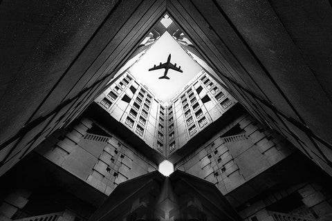 Plane City White Modern Wood Framed Art Print with Double Matting by Christophe, Correy