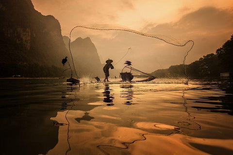 Spread The Fish Nets White Modern Wood Framed Art Print with Double Matting by Song, Gunarto