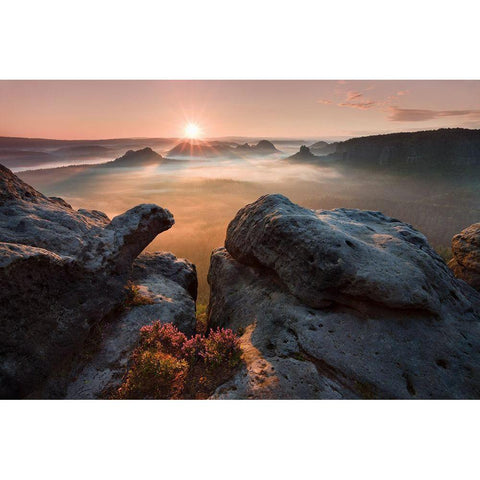 Sunrise On The Rocks Black Modern Wood Framed Art Print with Double Matting by Rericha, Daniel