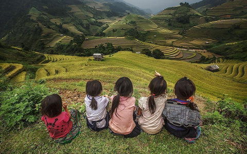 Children Of Vietnam Sitting In The Backyard The Mountain In Mu Cang Chai,Yenbai,Vietnam. White Modern Wood Framed Art Print with Double Matting by Thampitakkull, Jakkree