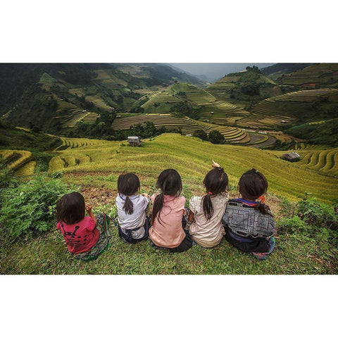 Children Of Vietnam Sitting In The Backyard The Mountain In Mu Cang Chai,Yenbai,Vietnam. White Modern Wood Framed Art Print by Thampitakkull, Jakkree