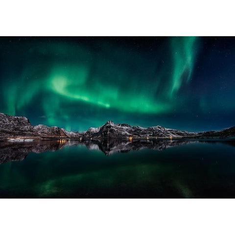 Lofoten Aurora Reflection Black Modern Wood Framed Art Print with Double Matting by De La, Javier