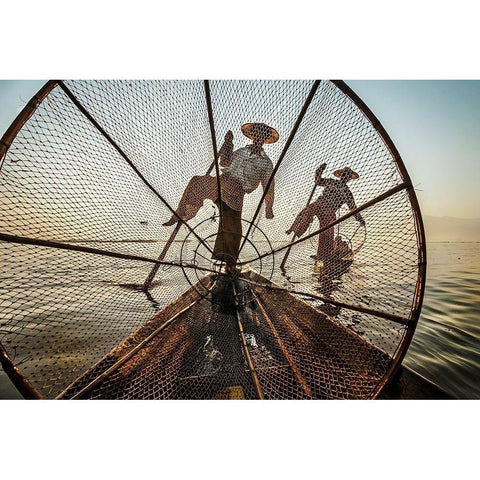 Intha Fishermen Black Modern Wood Framed Art Print with Double Matting by Martinelli, Michele