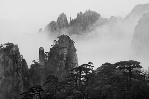 Huangshan Black Ornate Wood Framed Art Print with Double Matting by Zhang, Yan