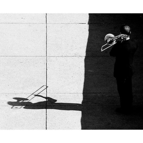 Trombone Player Black Modern Wood Framed Art Print with Double Matting by Wang, Jian