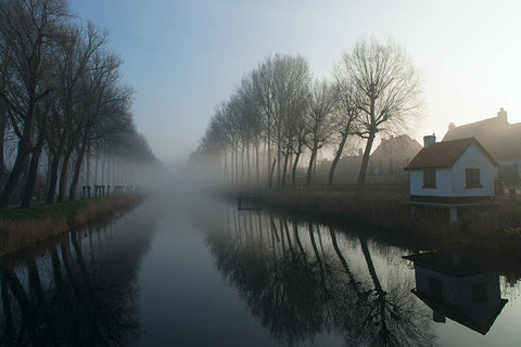 Mist Across The Canal Black Ornate Wood Framed Art Print with Double Matting by Wehrmann, Elisabeth