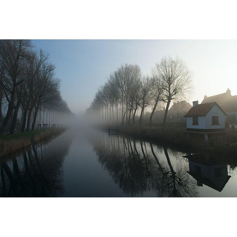 Mist Across The Canal White Modern Wood Framed Art Print by Wehrmann, Elisabeth