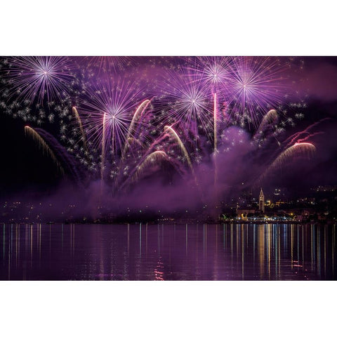 Fireworks Lake Pusiano Gold Ornate Wood Framed Art Print with Double Matting by Marini, Roberto