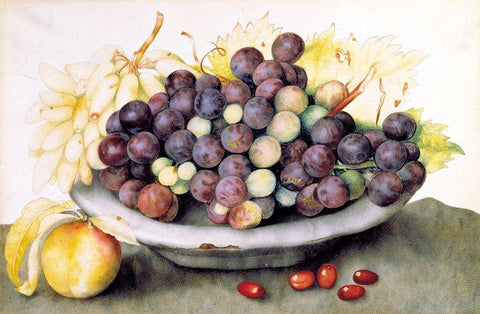 Dish of Grapes and a Peach Black Ornate Wood Framed Art Print with Double Matting by Garzoni, Giovanna