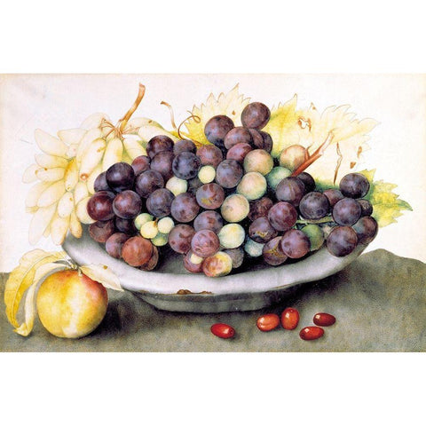 Dish of Grapes and a Peach Gold Ornate Wood Framed Art Print with Double Matting by Garzoni, Giovanna