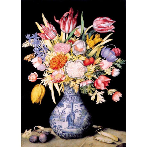 Chinese Vase, Varied Flowers, Prunes White Modern Wood Framed Art Print by Garzoni, Giovanna