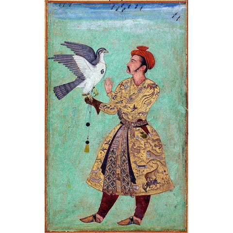 Prince and Falcon Black Modern Wood Framed Art Print with Double Matting by Anon, Mughal c1690