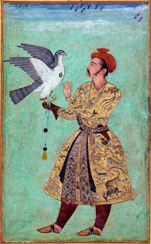 Prince and Falcon Black Ornate Wood Framed Art Print with Double Matting by Anon, Mughal c1690