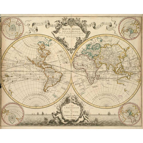 Mappe-Monde, 1730 Gold Ornate Wood Framed Art Print with Double Matting by De LIsle, Guillaume