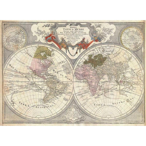 Lotter Mappe-Monde Gold Ornate Wood Framed Art Print with Double Matting by De LIsle, Guillaume