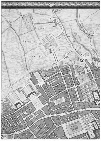 Roque Sectional map of London 1748 White Modern Wood Framed Art Print with Double Matting by Roque, John