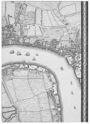 Roque Sectional map of London 1748 Black Ornate Wood Framed Art Print with Double Matting by Roque, John