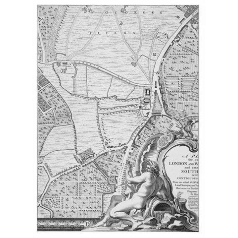 Roque Sectional map of London 1748 Black Modern Wood Framed Art Print with Double Matting by Roque, John