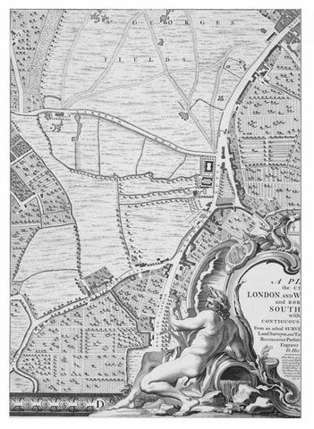 Roque Sectional map of London 1748 Black Ornate Wood Framed Art Print with Double Matting by Roque, John