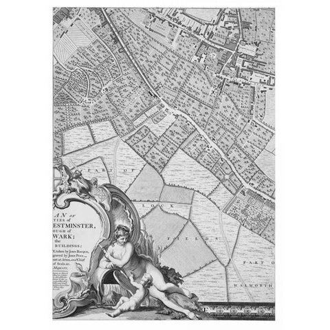 Roque Sectional map of London 1748 Black Modern Wood Framed Art Print with Double Matting by Roque, John