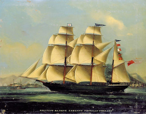 Barque Geelong off Hong Kong Black Ornate Wood Framed Art Print with Double Matting by Anon, Chinese 1866