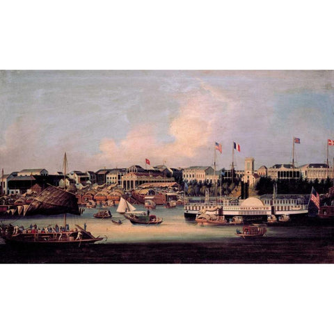 Paddle Steamer Wilamette, Canton Black Modern Wood Framed Art Print with Double Matting by Anonymous, Chinese 1866