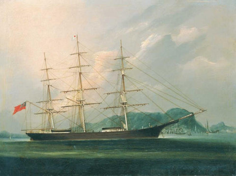 Ship Moravian off Hong Kong Black Ornate Wood Framed Art Print with Double Matting by Anon, Chinese 1866