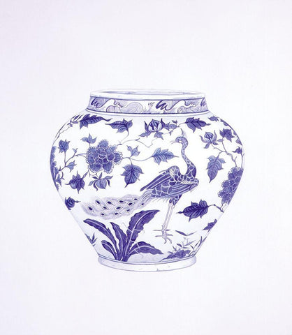 Peacock and Peonies Wine Jar White Modern Wood Framed Art Print with Double Matting by Anderton, Caroline