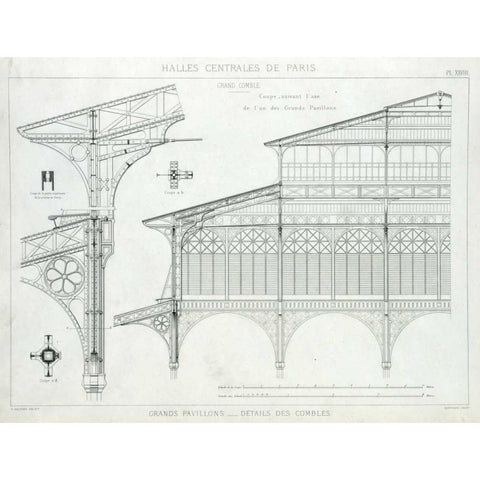 Les Halles, Paris, Grand Pavilion Details White Modern Wood Framed Art Print by Baltard, Victor