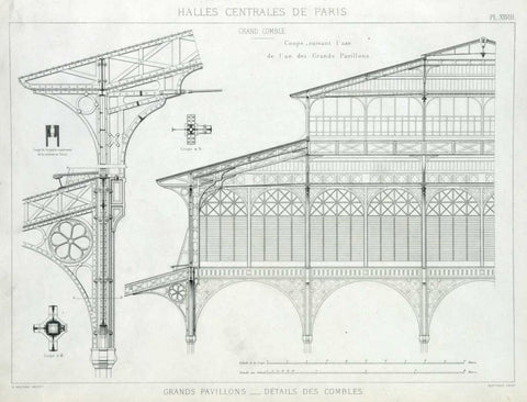 Les Halles, Paris, Grand Pavilion Details Black Ornate Wood Framed Art Print with Double Matting by Baltard, Victor