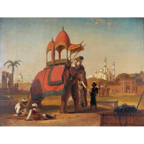 Elephant and Howdah Gold Ornate Wood Framed Art Print with Double Matting by Daniell, William