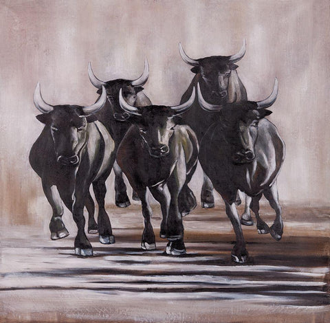 GROUP OF RUNNING BULLS White Modern Wood Framed Art Print with Double Matting by Atelier B Art Studio