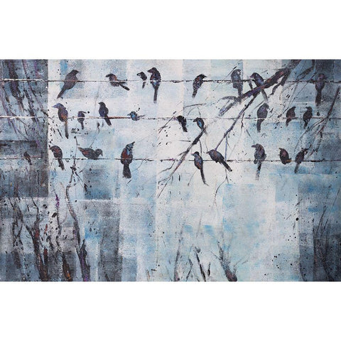 ABSTRACT BIRDS ON ELECTRIC WIRE Black Modern Wood Framed Art Print with Double Matting by Atelier B Art Studio