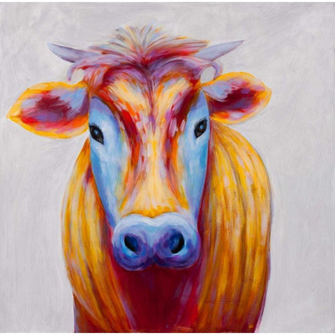 Colorful Country Cow White Modern Wood Framed Art Print by Atelier B Art Studio