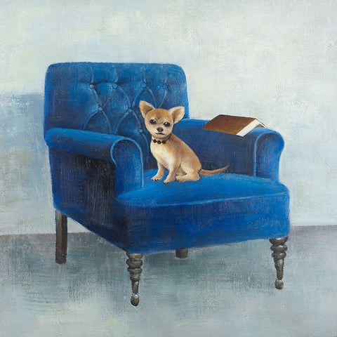 CHIHUAHUA ON A BLUE ARMCHAIR Gold Ornate Wood Framed Art Print with Double Matting by Atelier B Art Studio