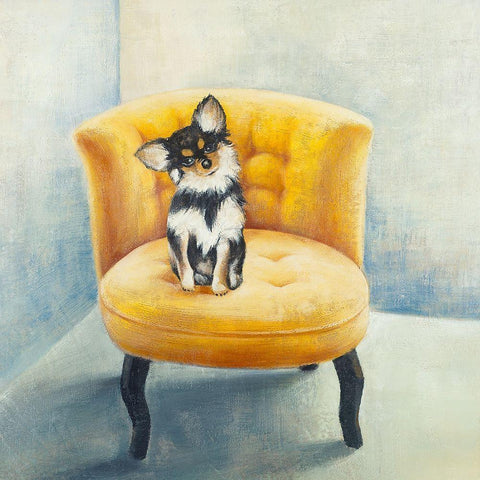 LITTLE DOG ON A YELLOW ARMCHAIR Gold Ornate Wood Framed Art Print with Double Matting by Atelier B Art Studio