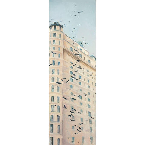 BIRDS FLYING IN FRONT OF A BUILDING Black Modern Wood Framed Art Print with Double Matting by Atelier B Art Studio